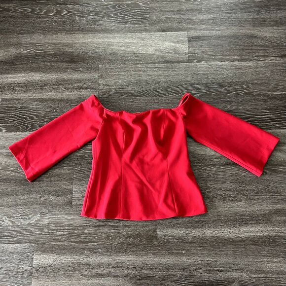 NWT Trina Turk Luxe Drape Chili Red Off Shoulder Red Top 3/4 Bell Sleeve Size 10 - Picture 3 of 11